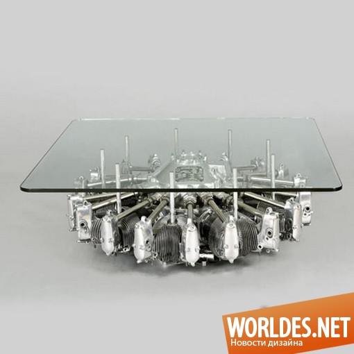 дизайн мебели, дизайн стола, стол, необычный стол, оригинальный стол, стол с двигателя старого самолета, современный стол